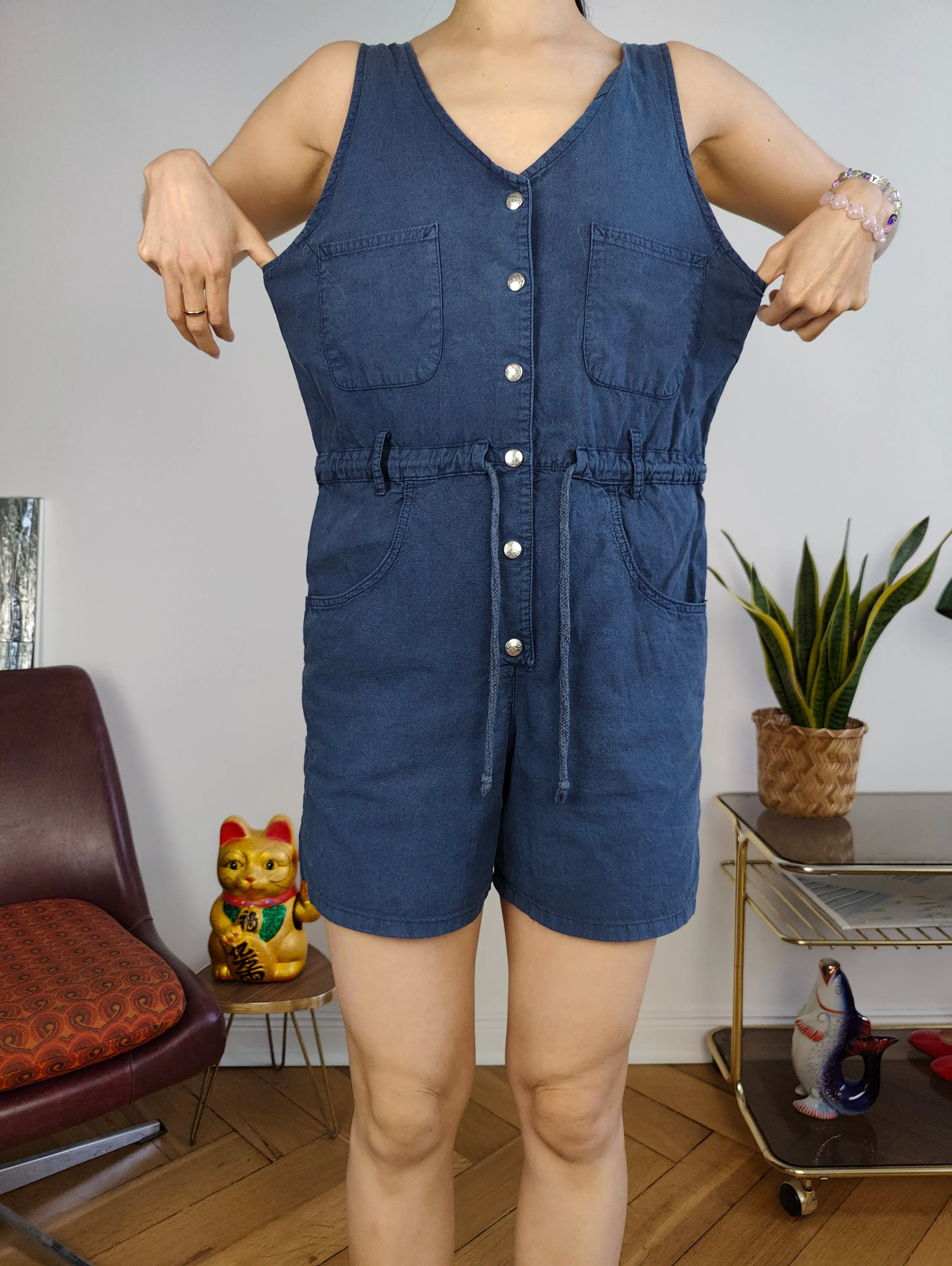 Vintage playsuit cotton shorts overall jumpsuit onesie sleeveless navy blue S