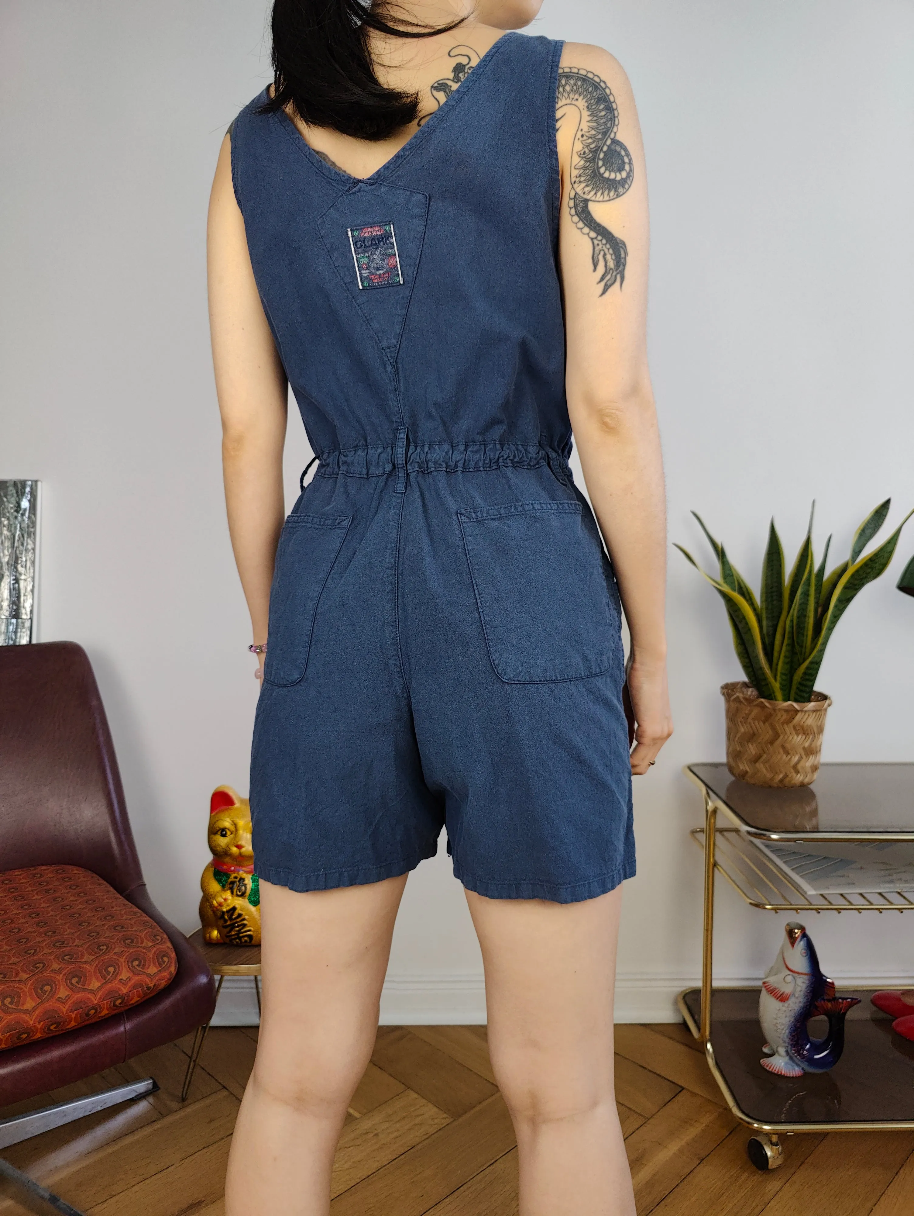 Vintage playsuit cotton shorts overall jumpsuit onesie sleeveless navy blue S