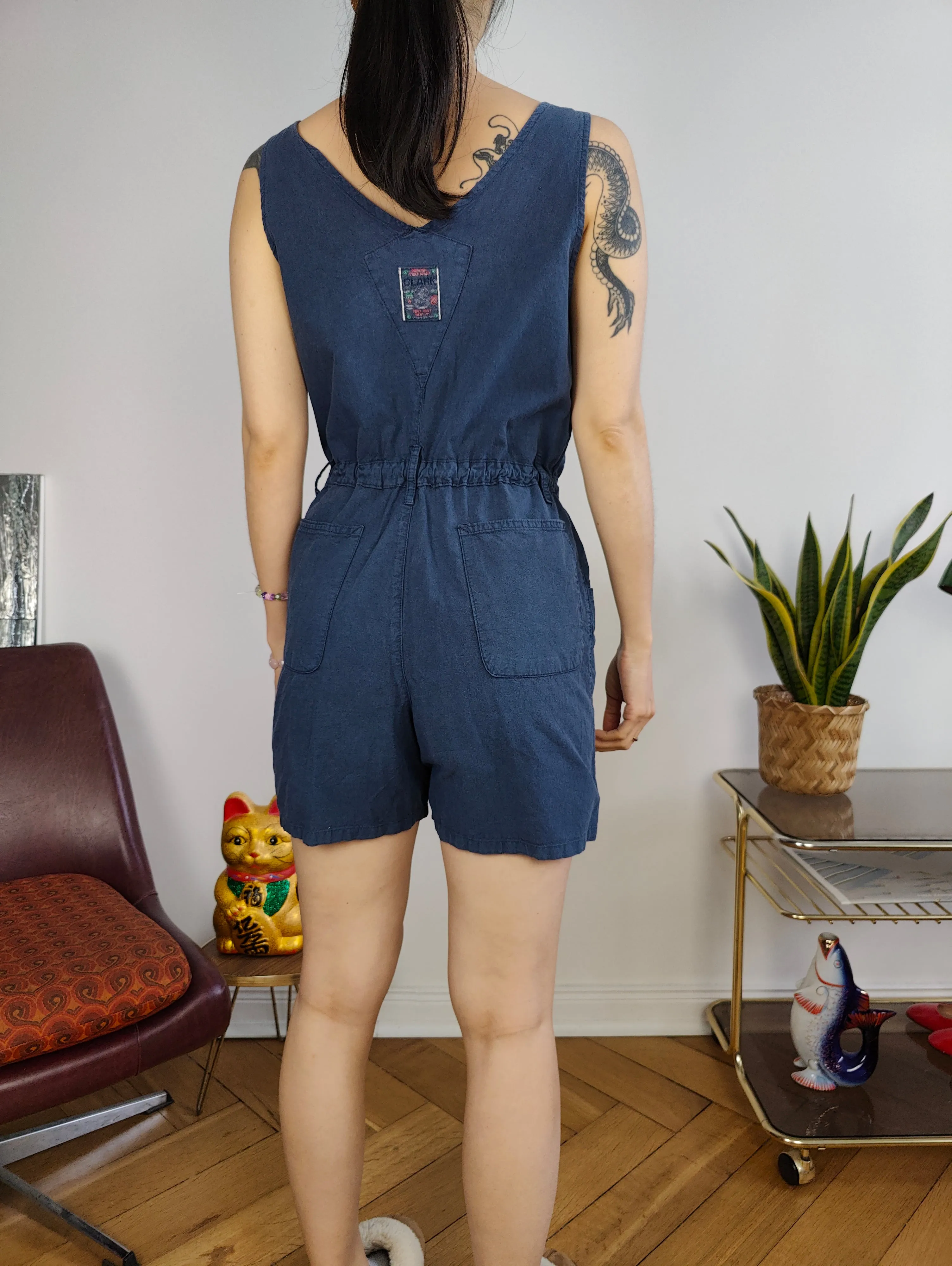 Vintage playsuit cotton shorts overall jumpsuit onesie sleeveless navy blue S