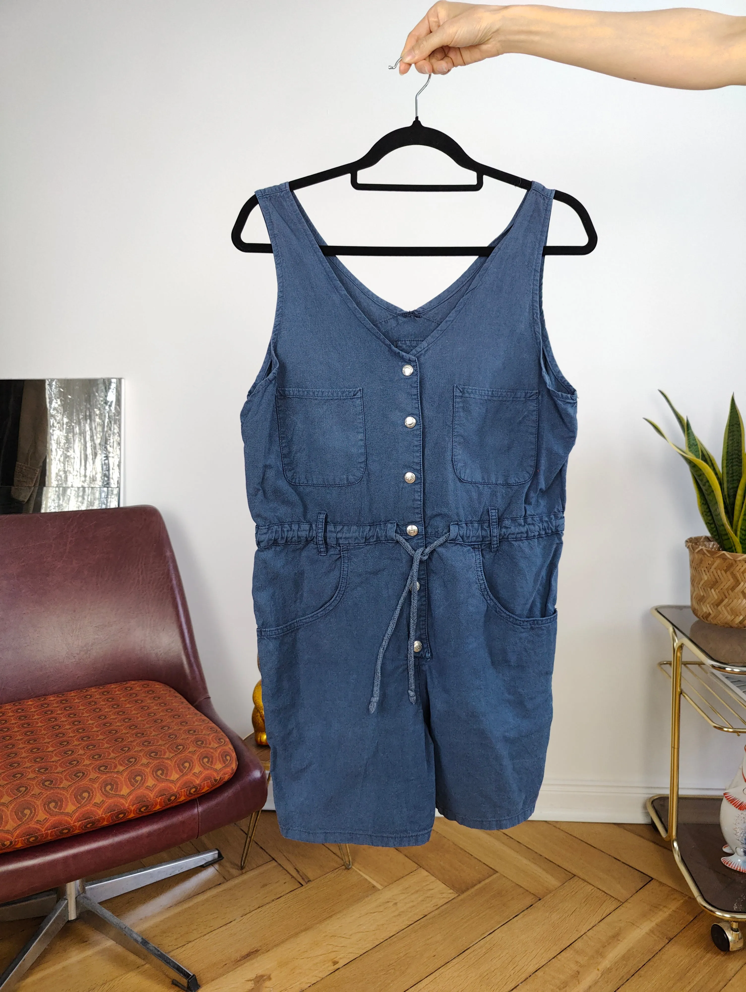 Vintage playsuit cotton shorts overall jumpsuit onesie sleeveless navy blue S