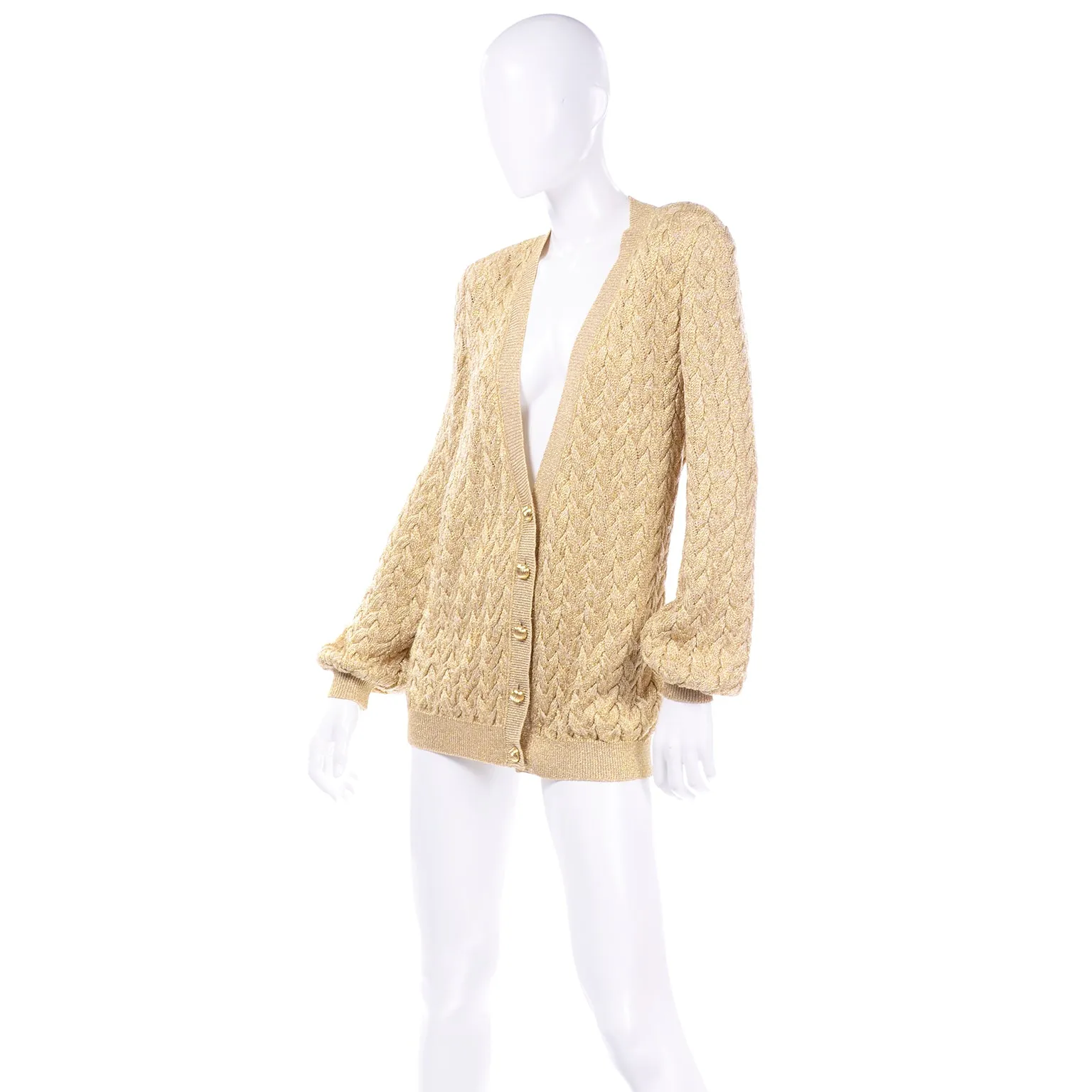 Vintage Valentino Gold Sparkle Cable Knit Oversized Cardigan Sweater