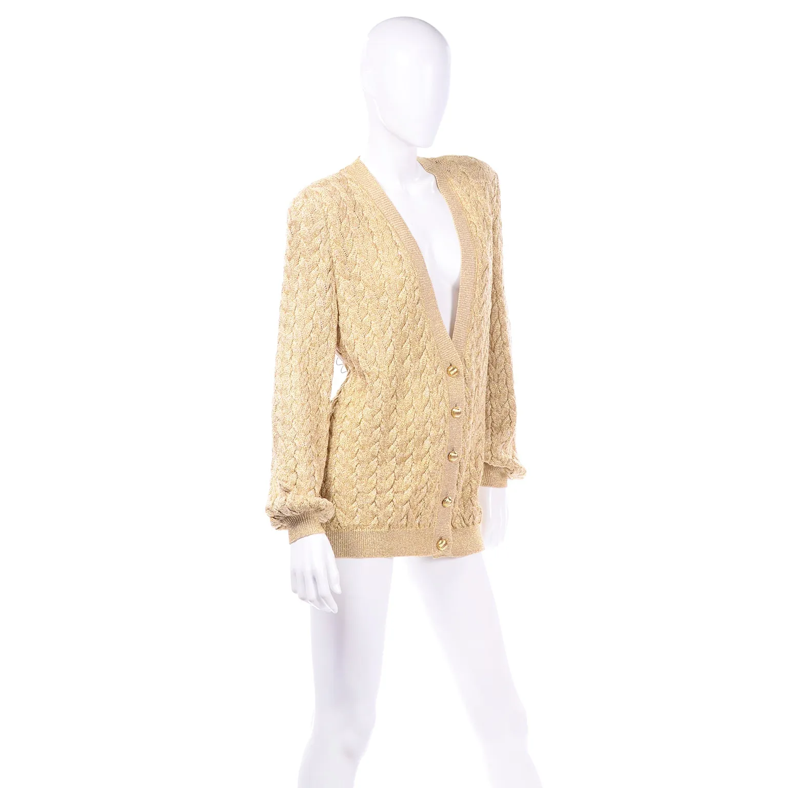 Vintage Valentino Gold Sparkle Cable Knit Oversized Cardigan Sweater