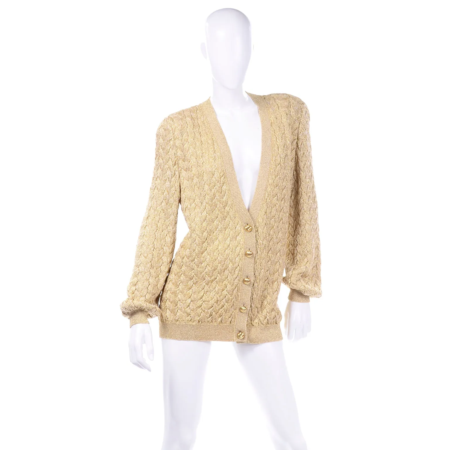 Vintage Valentino Gold Sparkle Cable Knit Oversized Cardigan Sweater