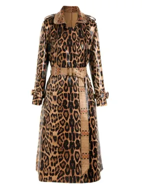 Wenkouban-Winter outfits Christmas Brown Leopard Printed Long Belt PU Leather Style Trench Coat