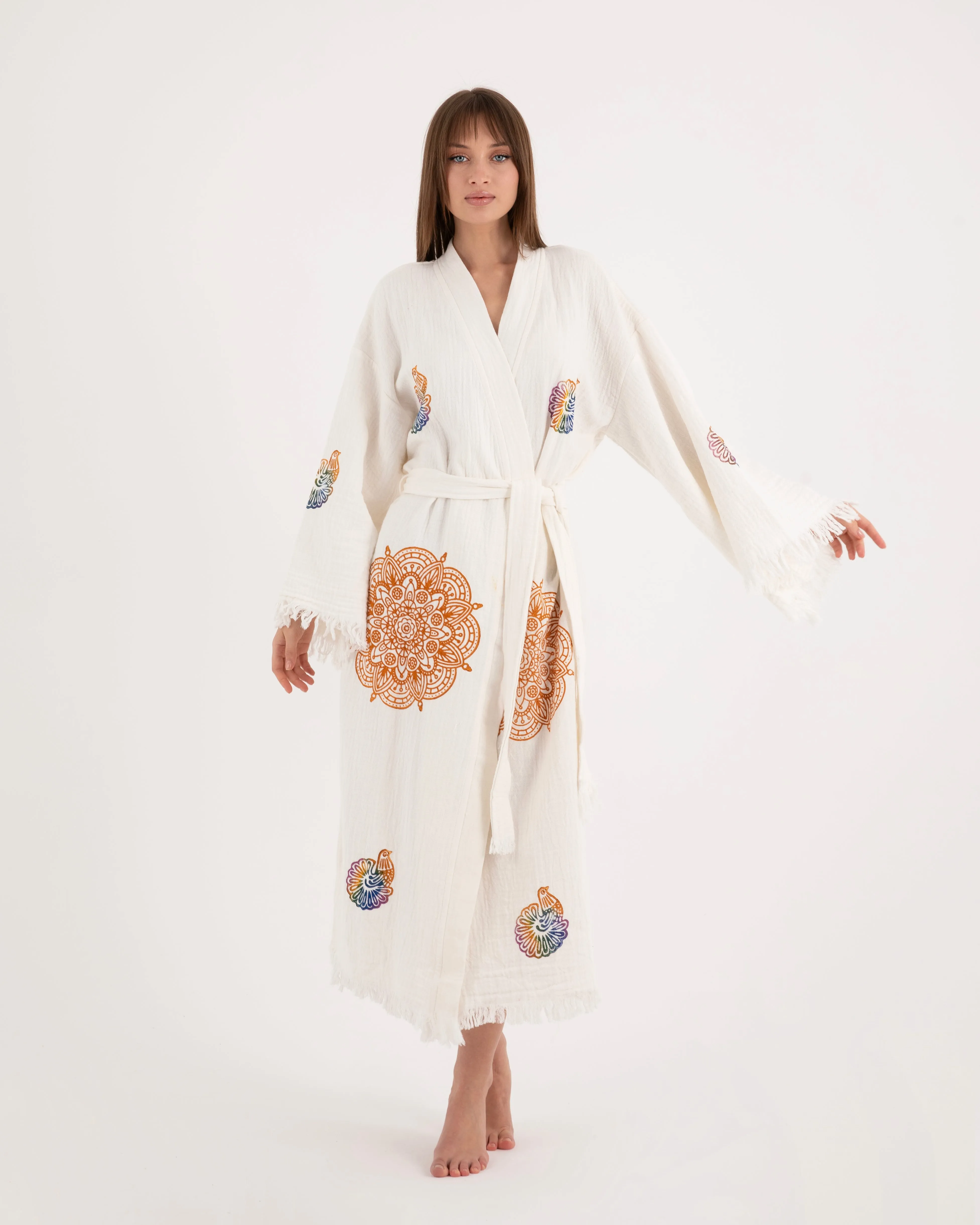 White Kimono with Mandala Bird Pattern Robe