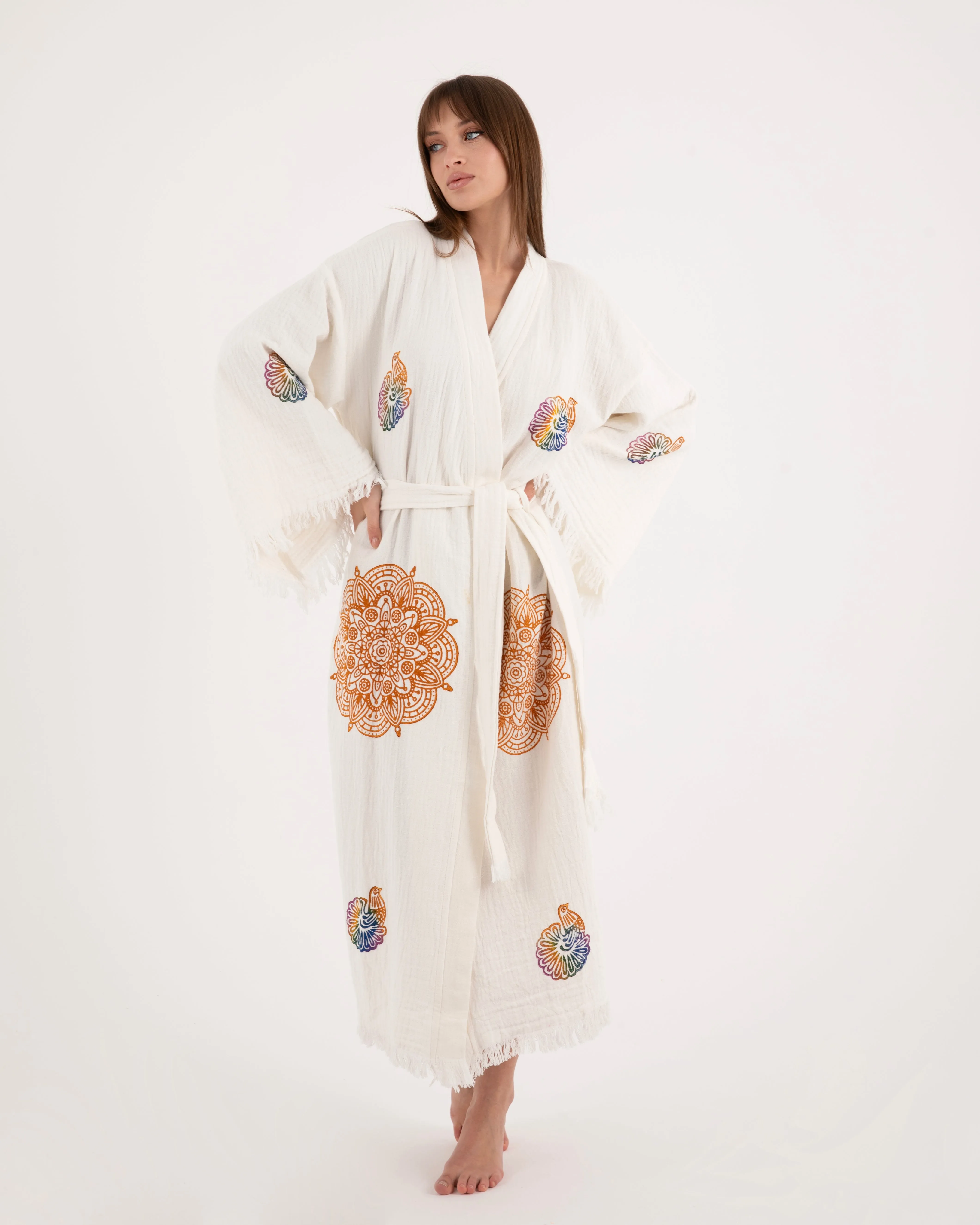 White Kimono with Mandala Bird Pattern Robe