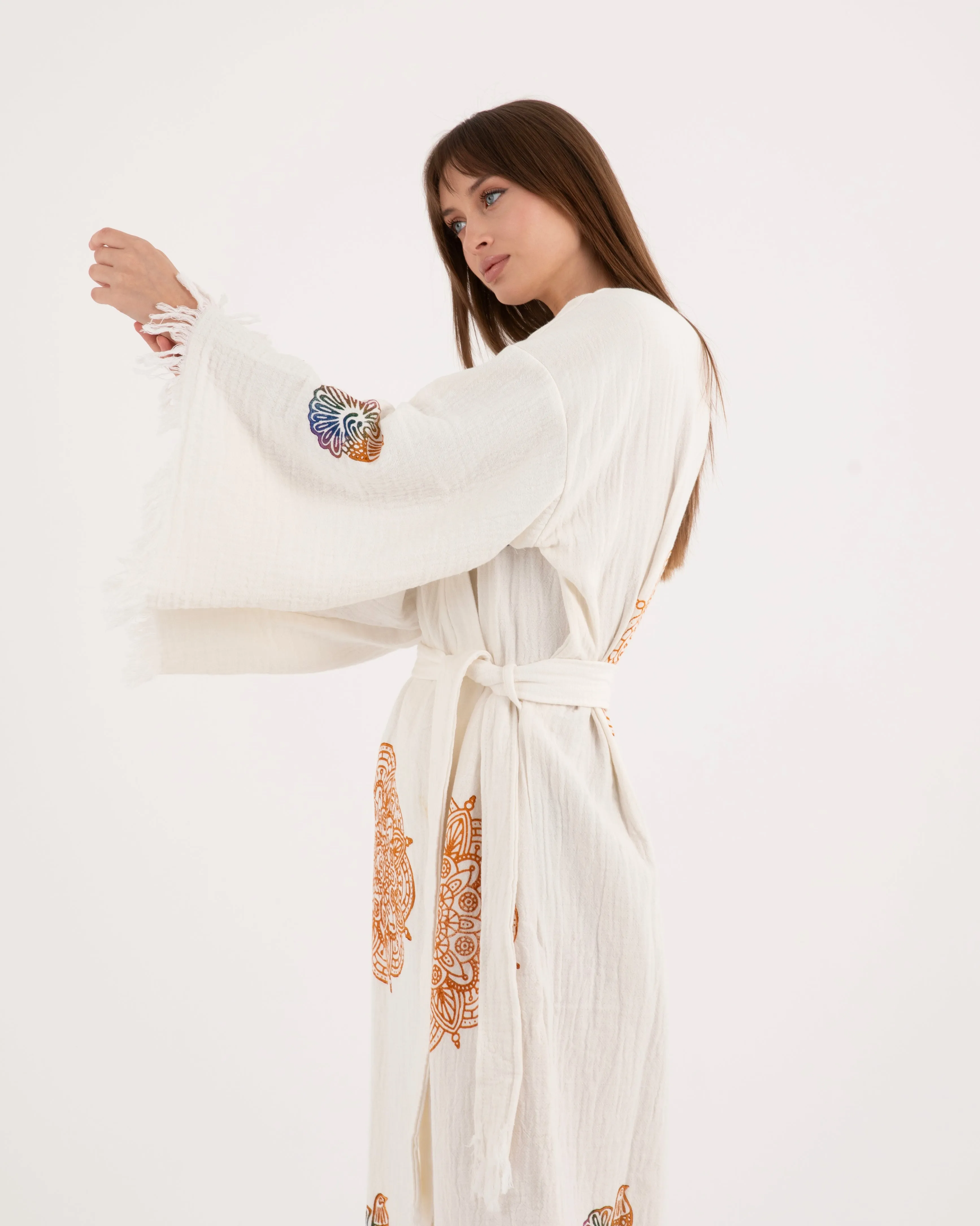 White Kimono with Mandala Bird Pattern Robe