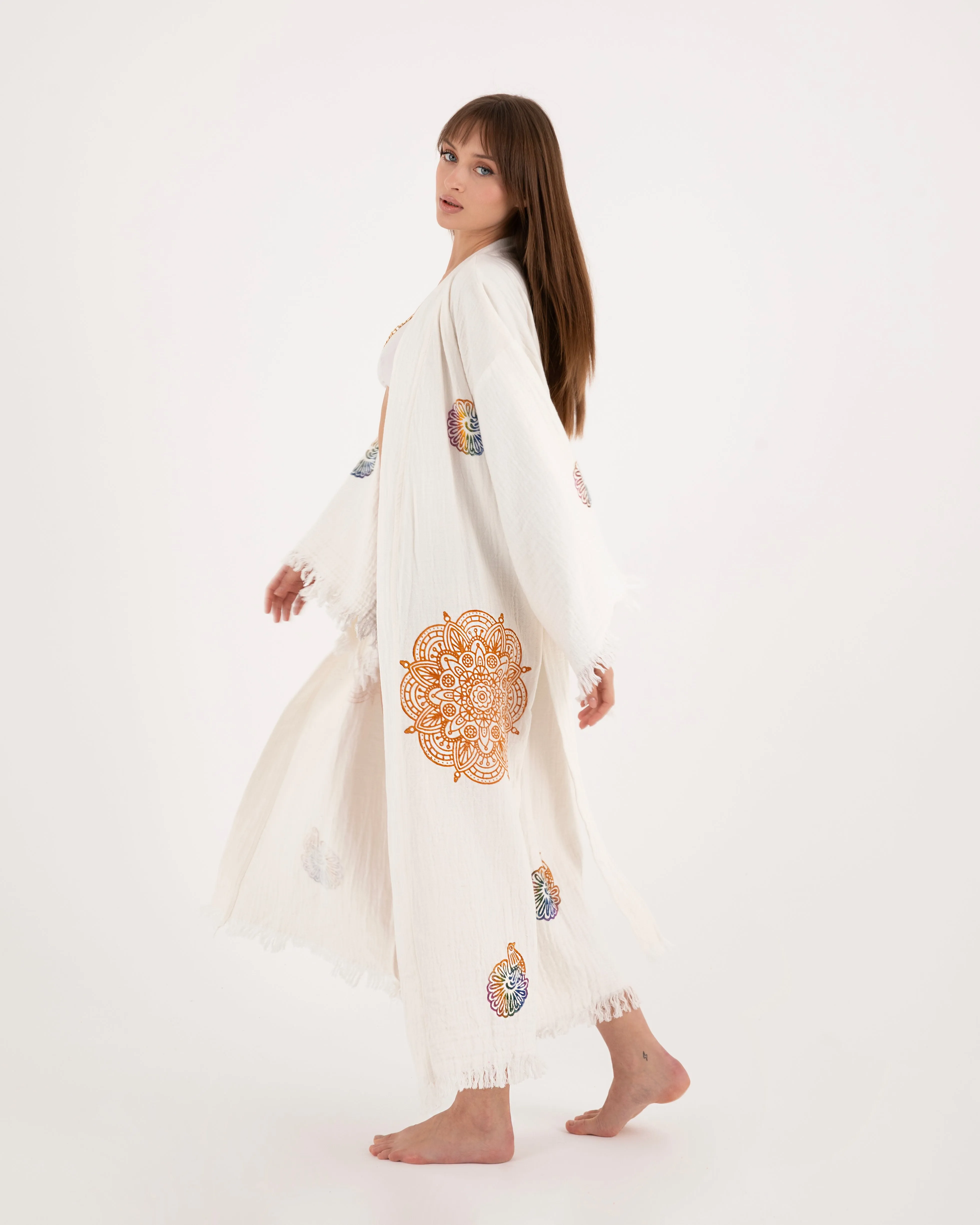 White Kimono with Mandala Bird Pattern Robe
