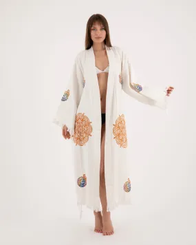 White Kimono with Mandala Bird Pattern Robe