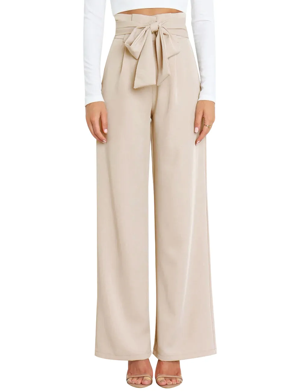 Wide Leg Pants for Women High Waisted Work Casual Flowy Tie Knot Trousers