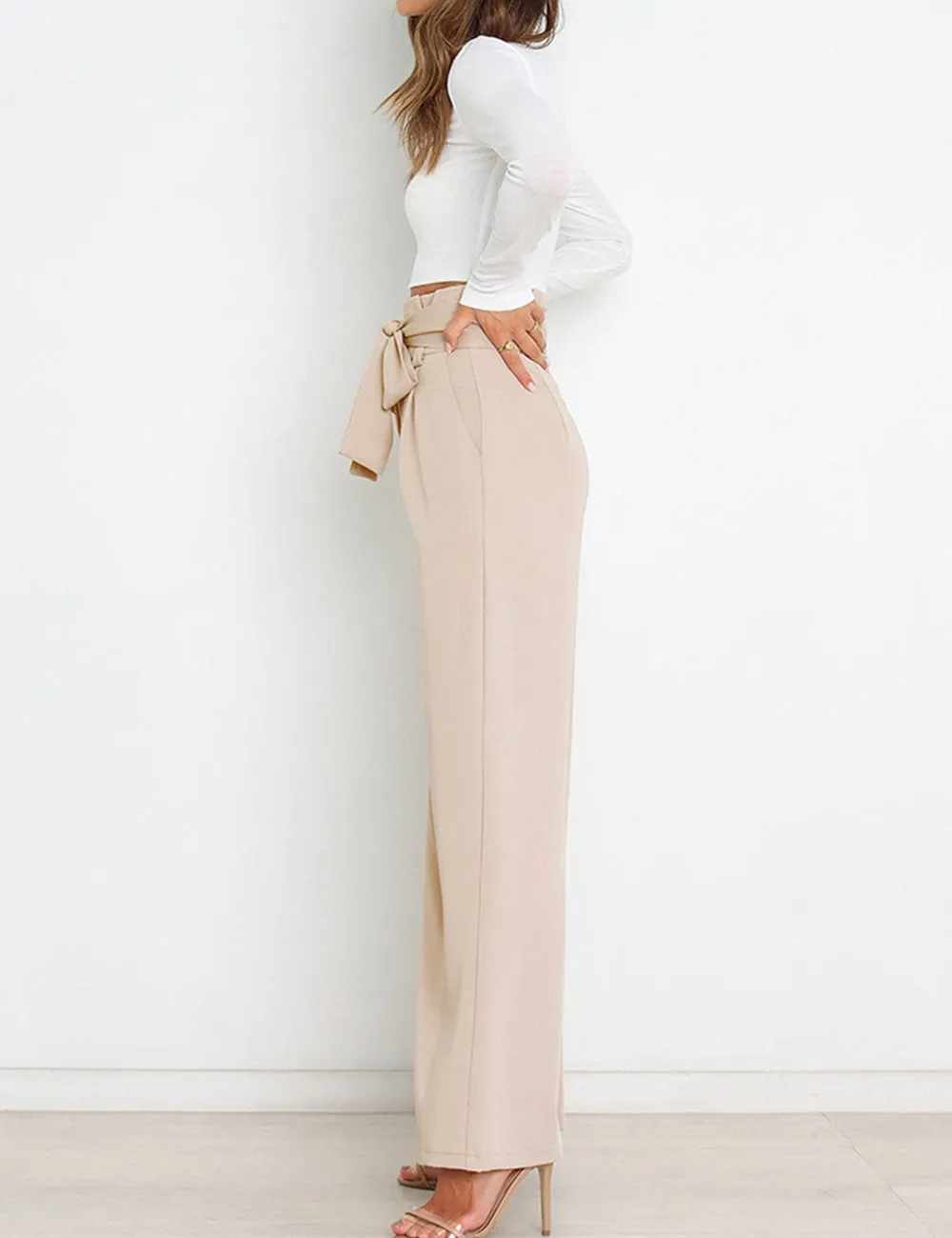 Wide Leg Pants for Women High Waisted Work Casual Flowy Tie Knot Trousers