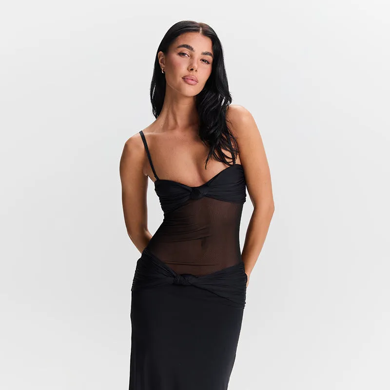 Women Detachable Shoulder Strap Twist Mesh Party Dress
