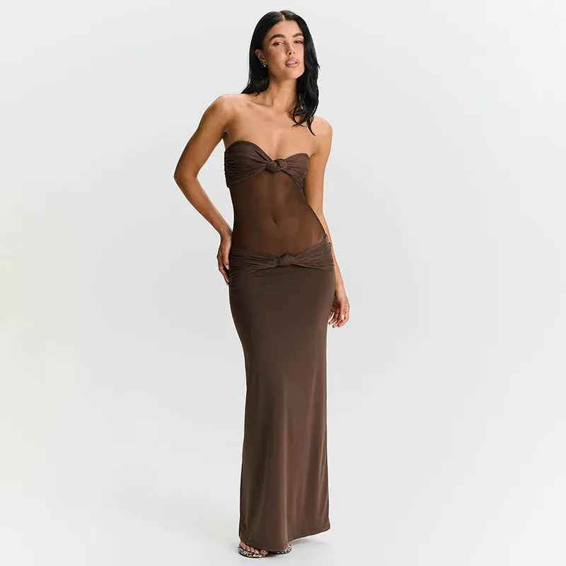 Women Detachable Shoulder Strap Twist Mesh Party Dress