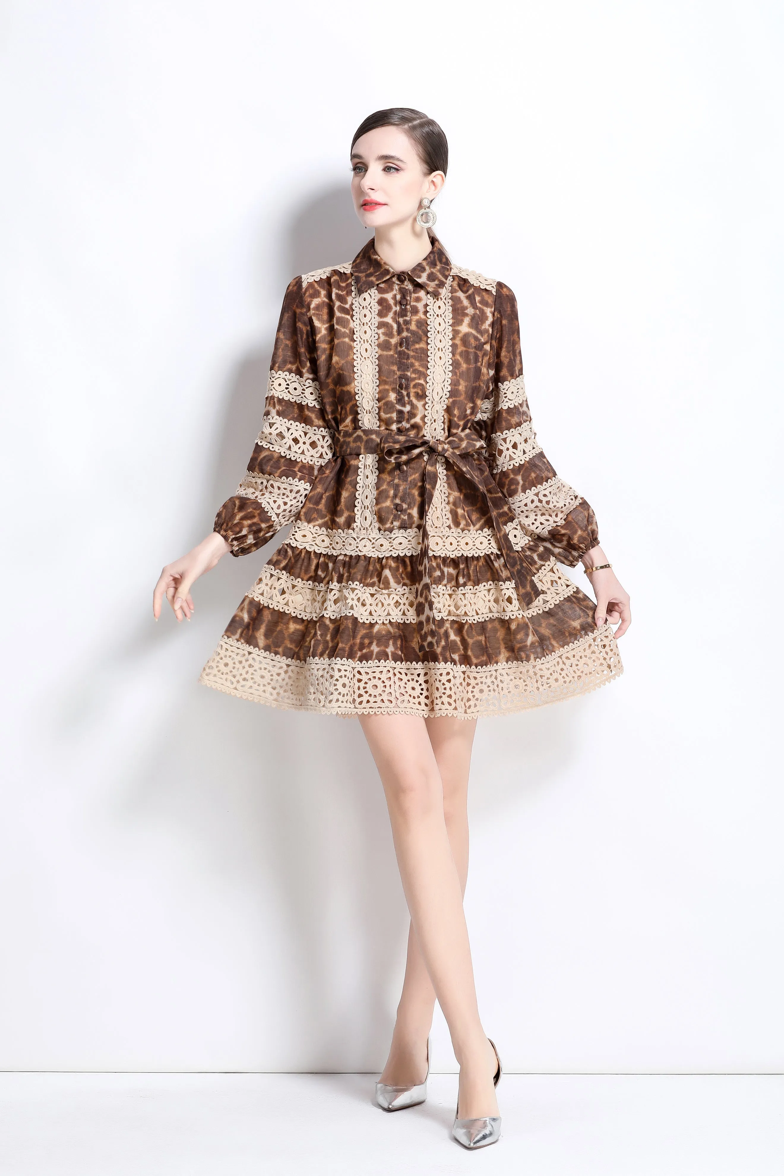 Women's Leopard Print Lace Puff Slleve Mini Dress