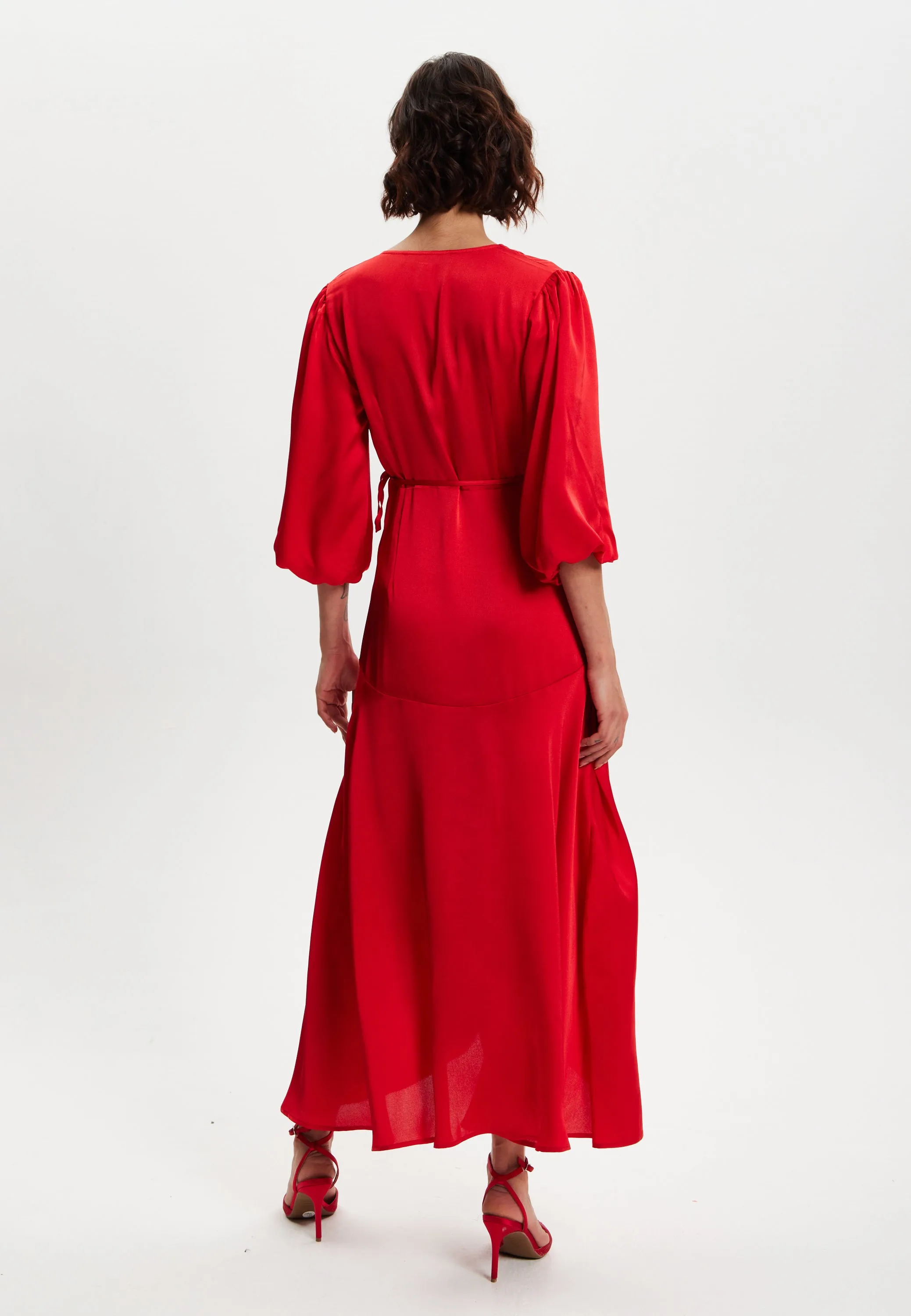 Women's Midi Wrap Dress in Red with Short Puff Sleeves - Elegant Design for Any Occasion by Liquorish