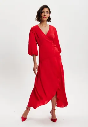 Women's Midi Wrap Dress in Red with Short Puff Sleeves - Elegant Design for Any Occasion by Liquorish