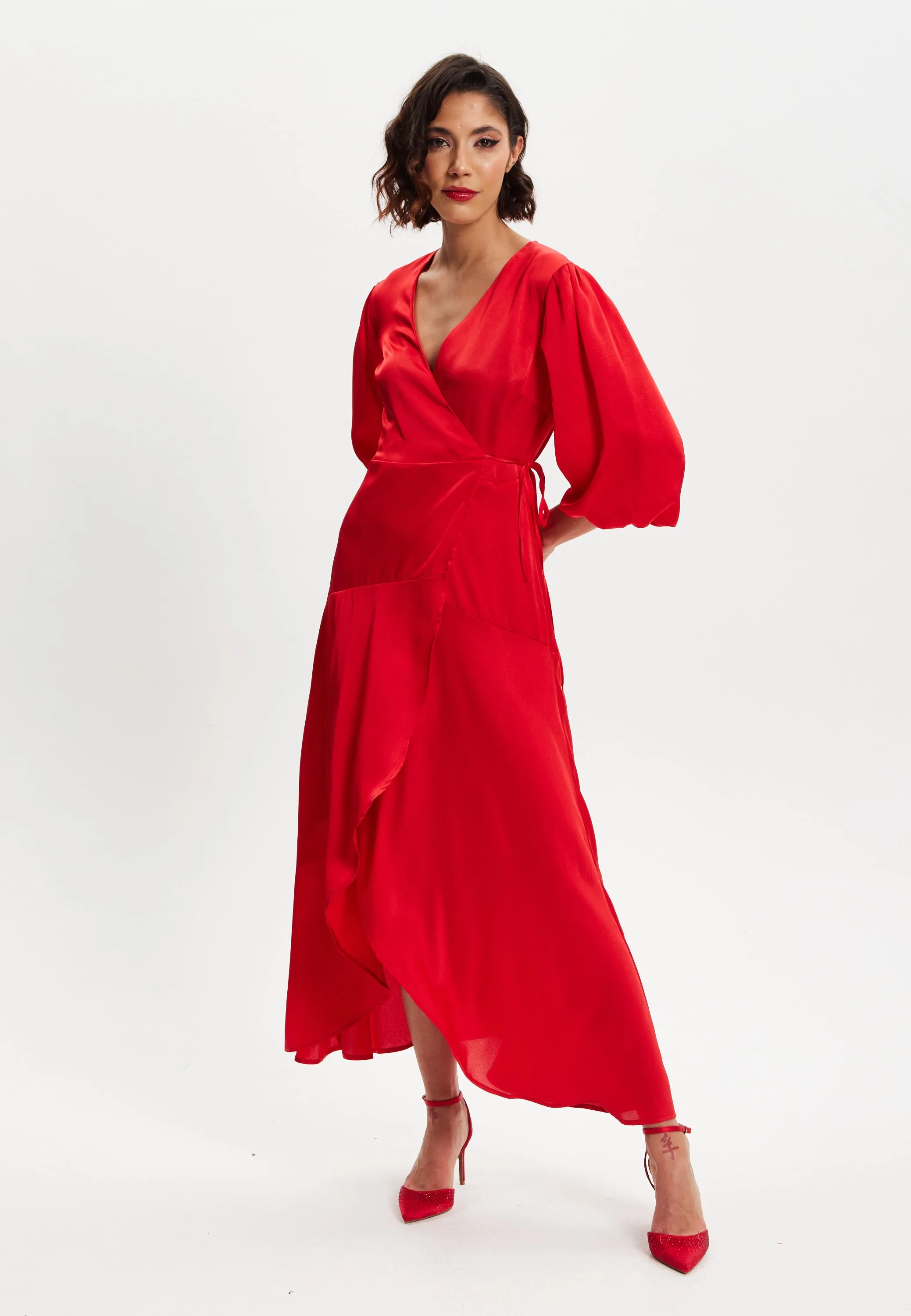 Women's Midi Wrap Dress in Red with Short Puff Sleeves - Elegant Design for Any Occasion by Liquorish