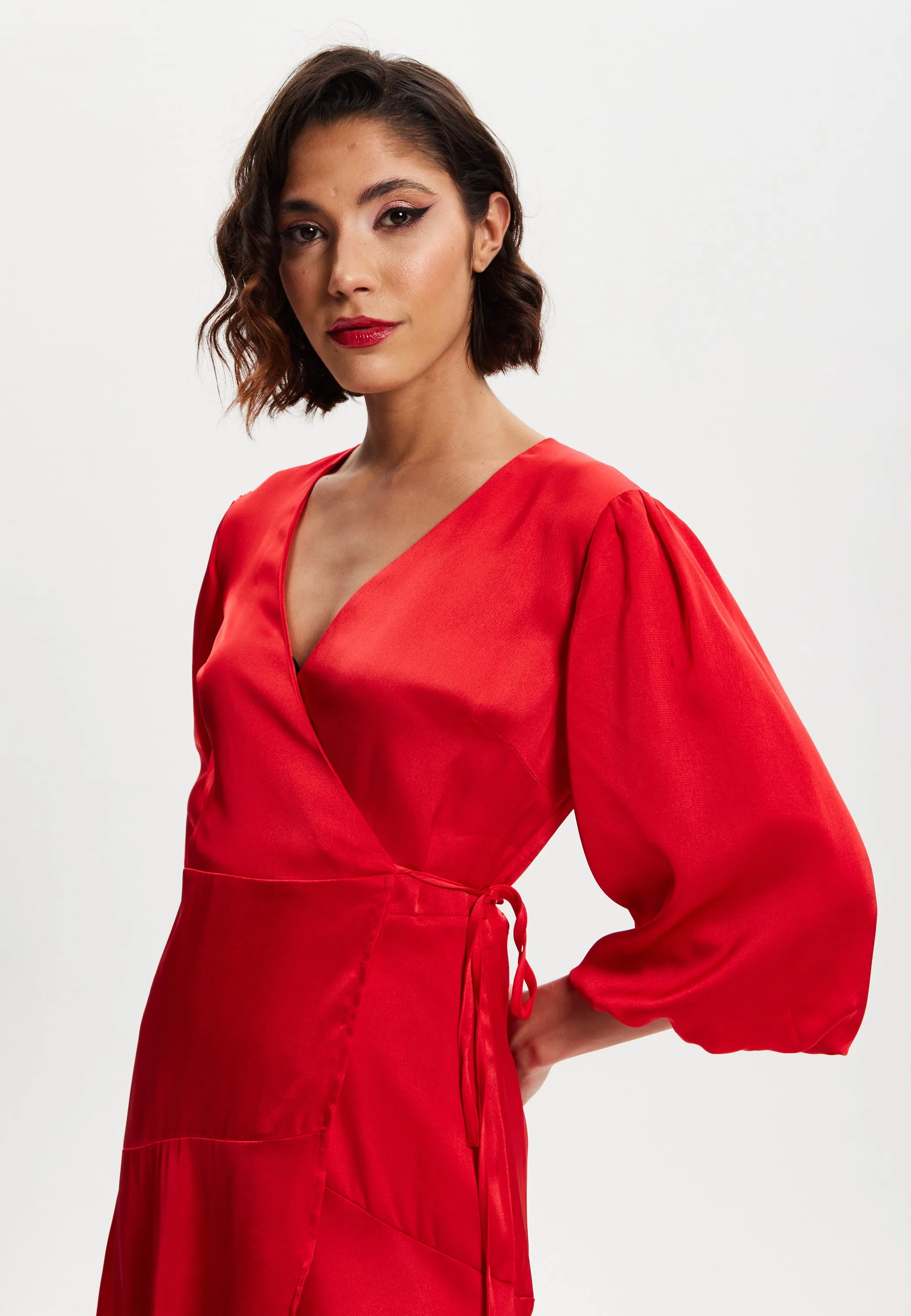 Women's Midi Wrap Dress in Red with Short Puff Sleeves - Elegant Design for Any Occasion by Liquorish
