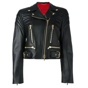 Women's Moschino Cropped Biker Leather Jacket – Chic & Trendy