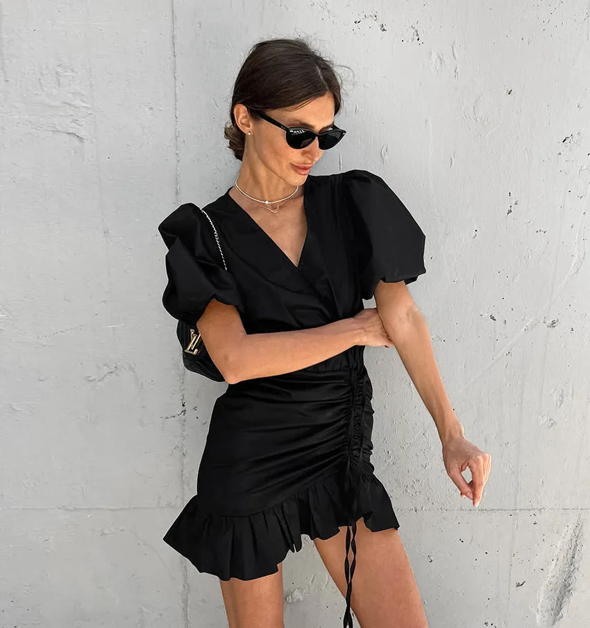 Women's Summer Sexy V-Neck Puff Sleeve Drawstring High Waist Dress