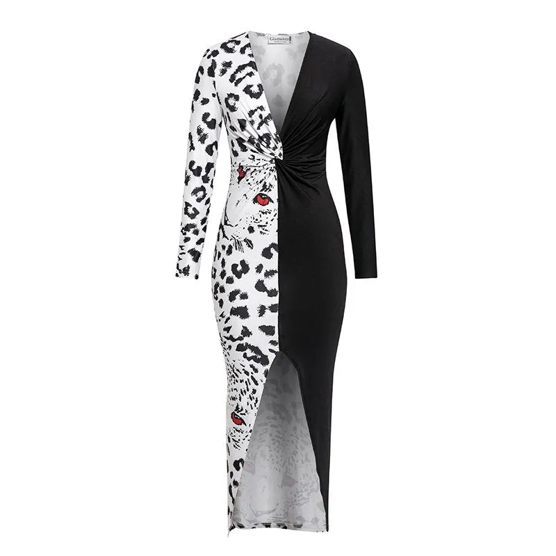 Women's V-Neck Printed Bodycon Split Dress