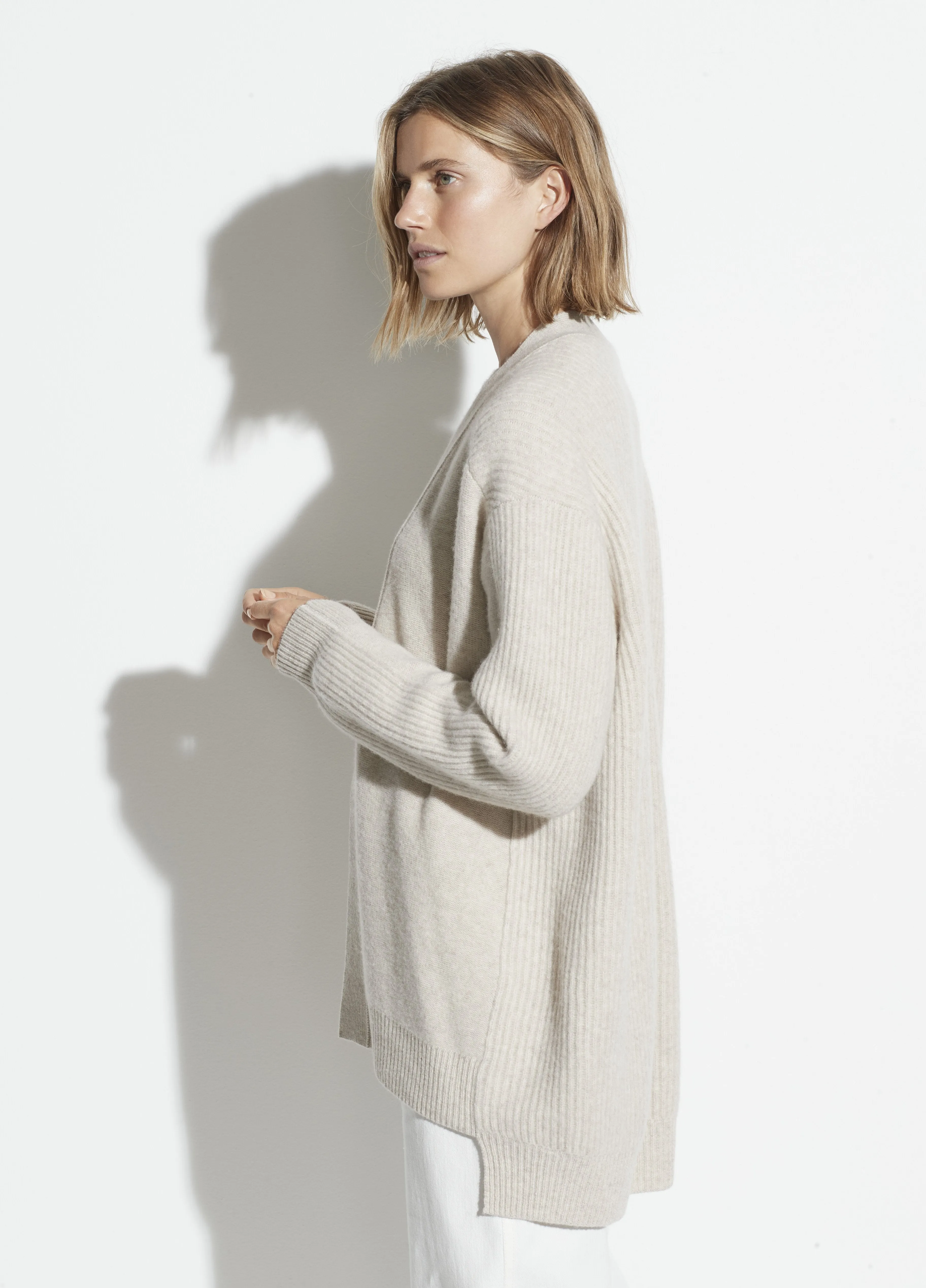 Wool Cashmere Ribbed Back Cardigan in Heather Dove Oat
