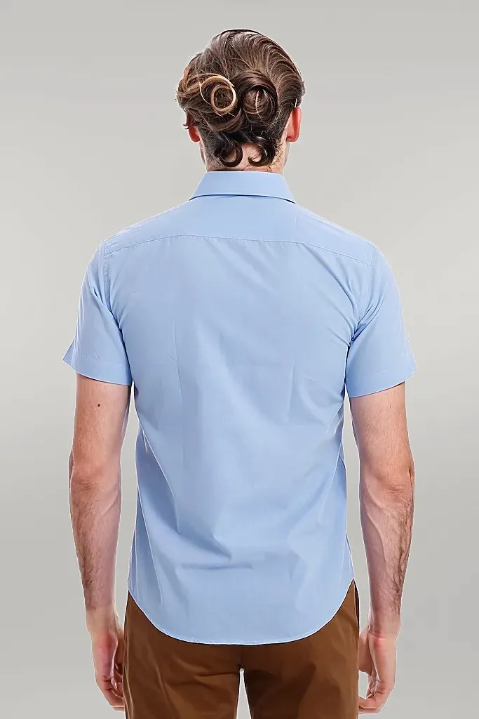 WSS Slim Fit Short Sleeve Poly Cotton Blue Men Shirt  - Singen